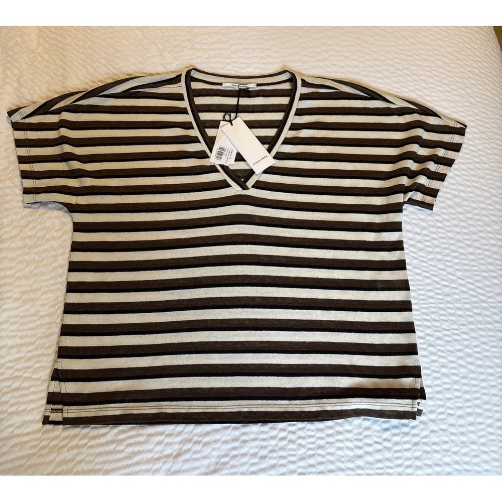 Pomandere Striped Linen Cotton V-Neck Knit Top Brown Cream Made in Italy Size 2